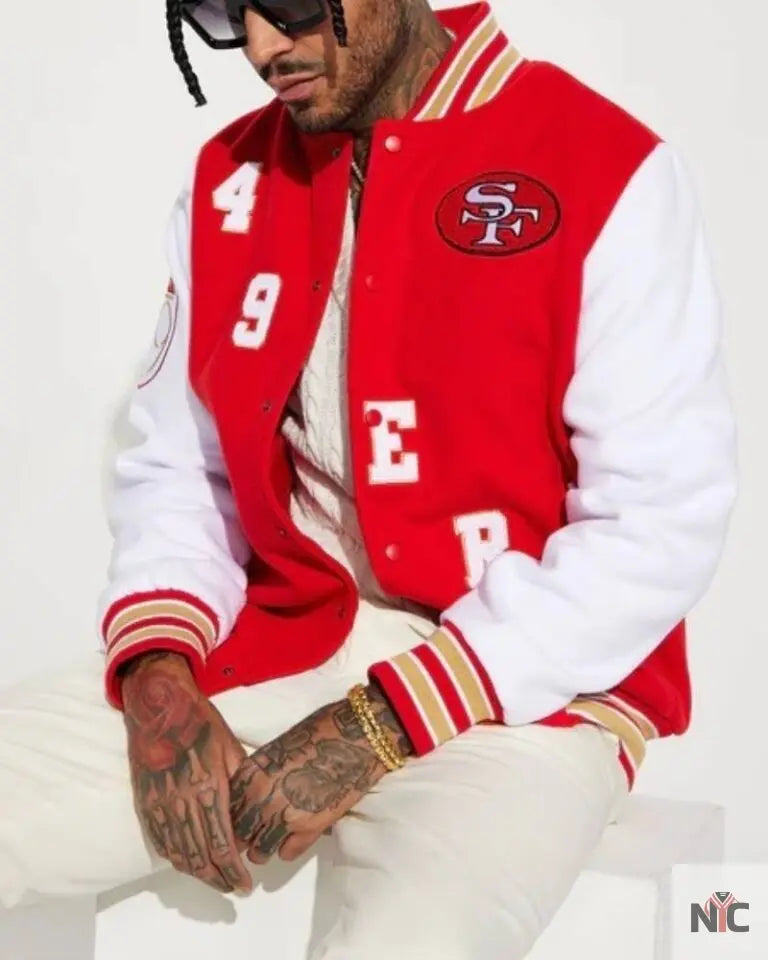 49ers Red & White Wool Varsity Jacket NYC Jackets