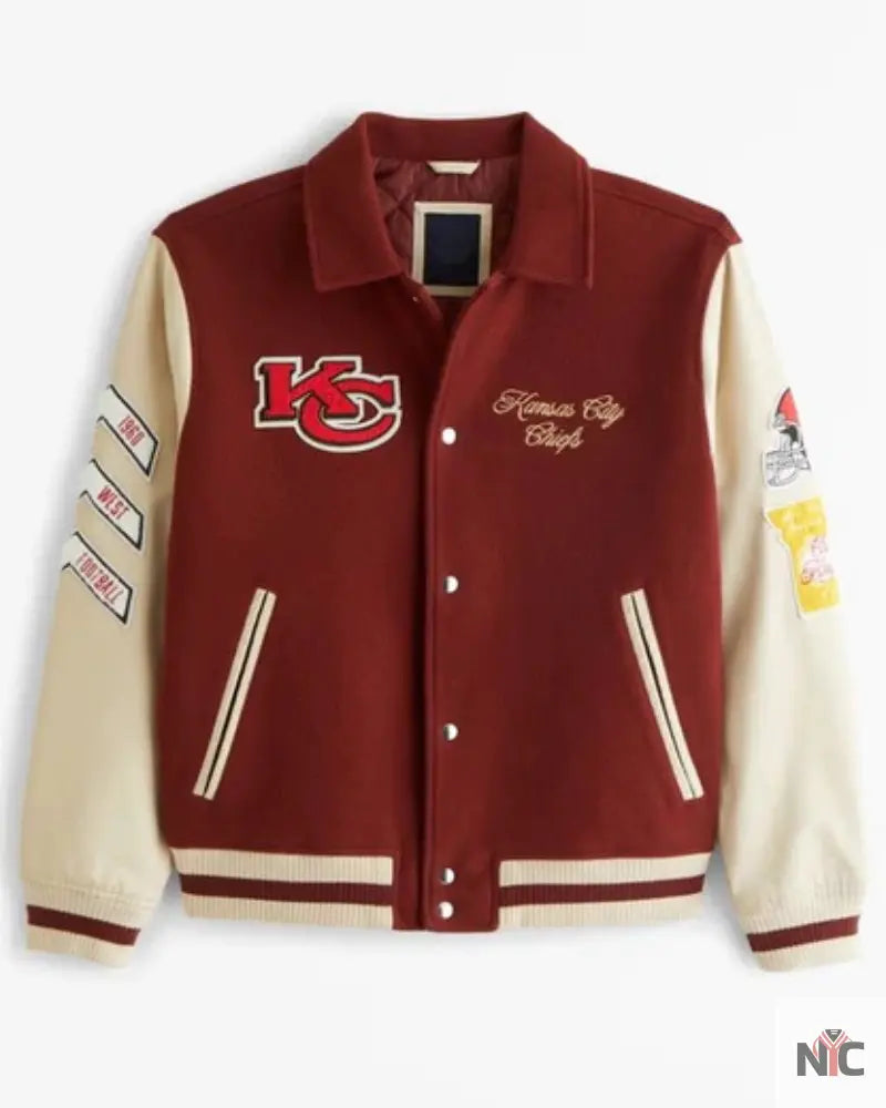 Abercrombie Kansas City Chiefs Brown And White Varsity Bomber Jacket NYC Jackets