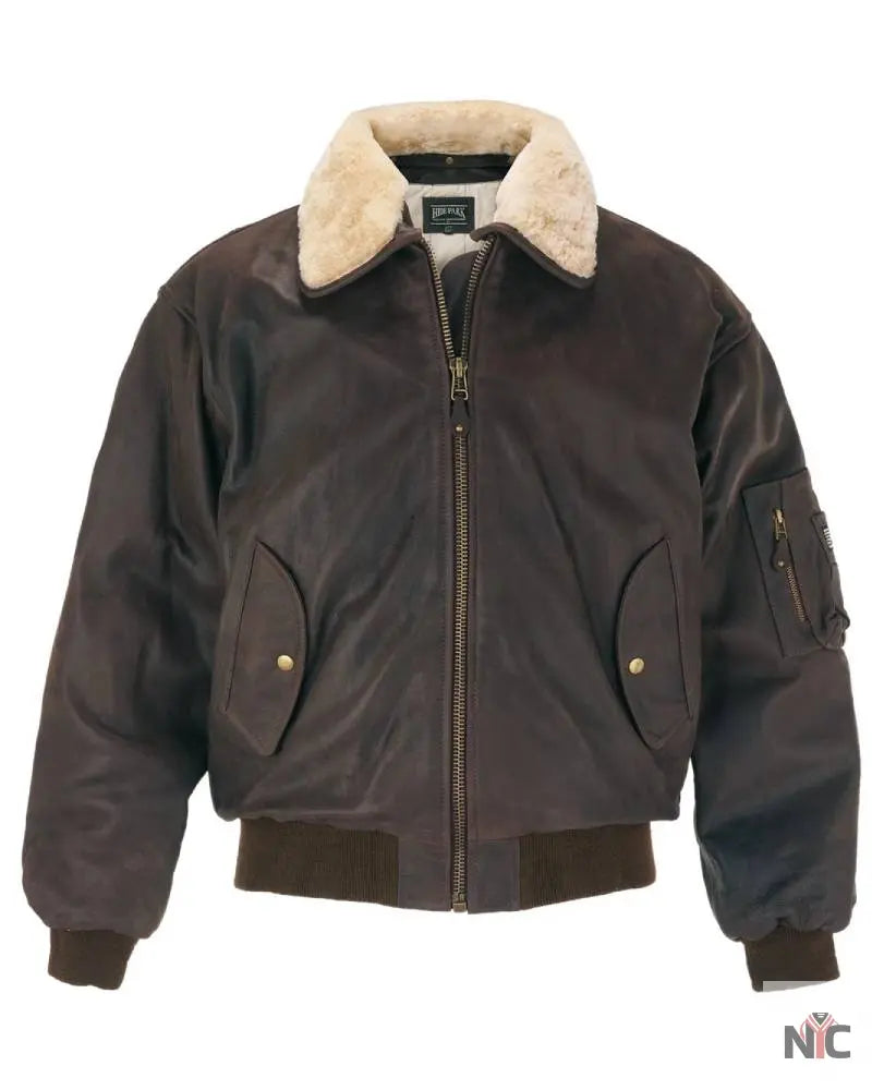 B-2 Men’s Brown Leather Bomber Jacket With White Collar NYC Jackets