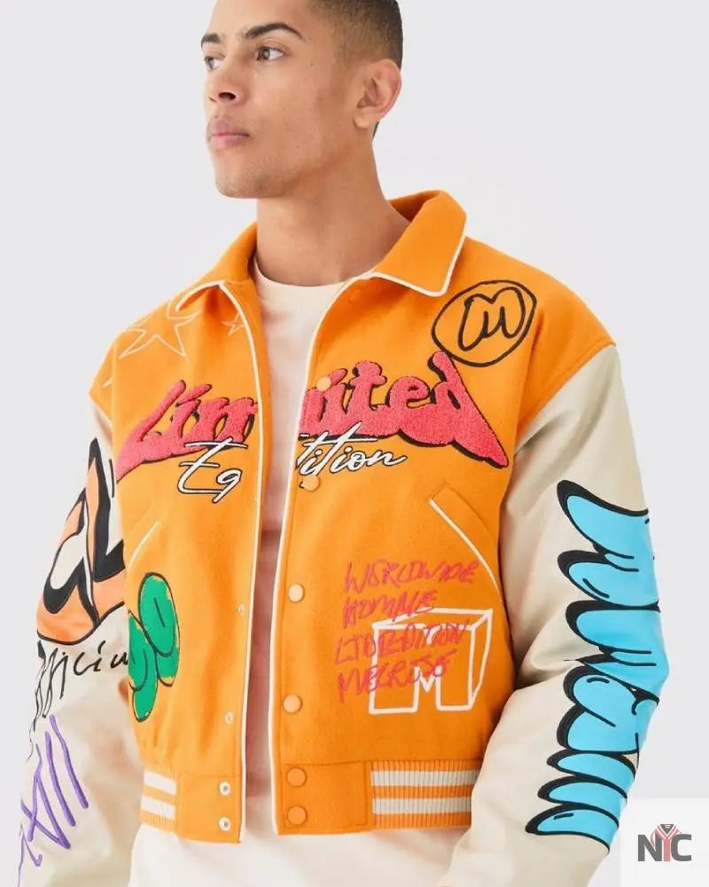 Boxy Fit Graffiti Orange Varsity Jacket NYC Jackets