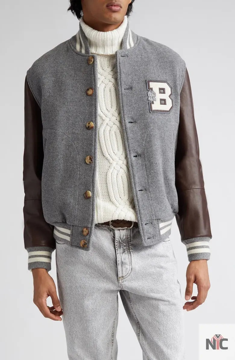 Brunello Cucinelli Wool & Leather Varsity Jacket NYC Jackets