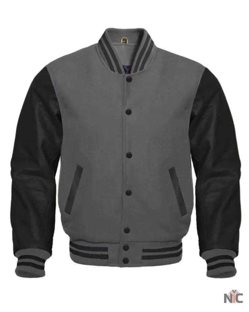 Charcoal Gray And Black Letterman Jacket NYC Jackets
