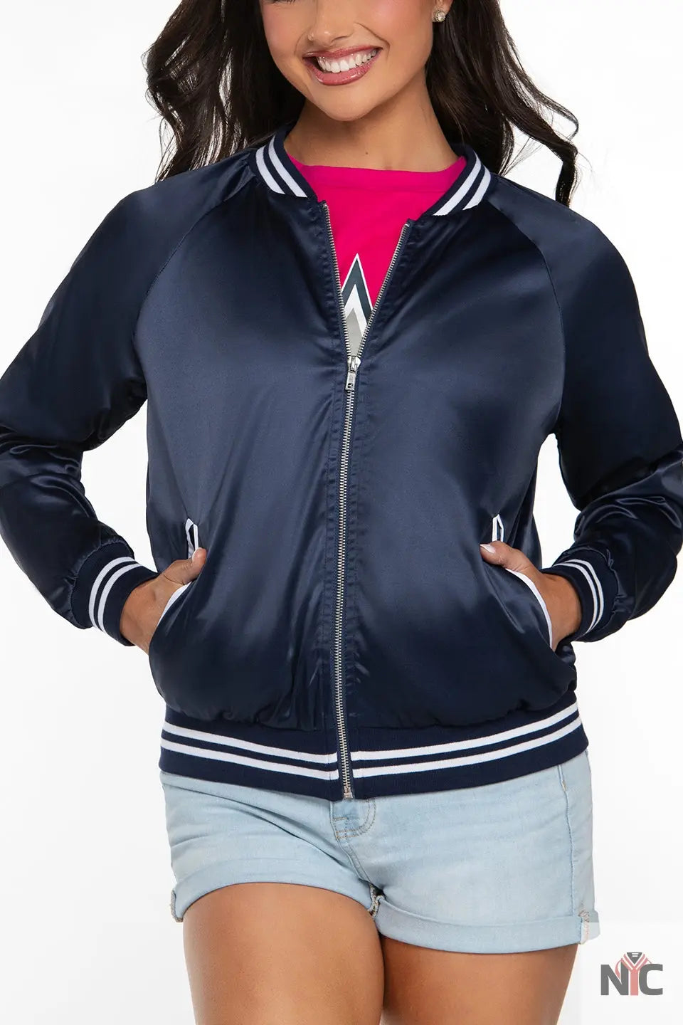 DCC Satin Bomber Jacket in Navy NYC Jackets