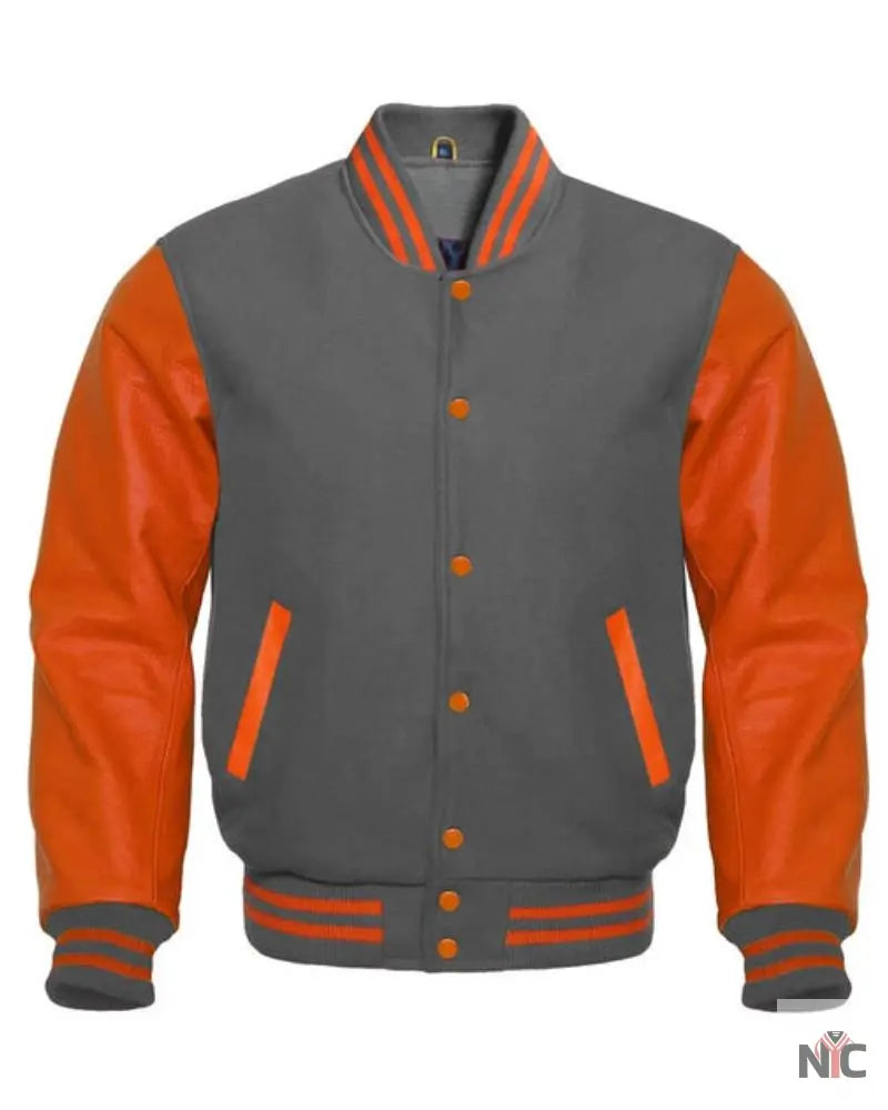 Dark Gray And Orange Varsity Jacket NYC Jackets