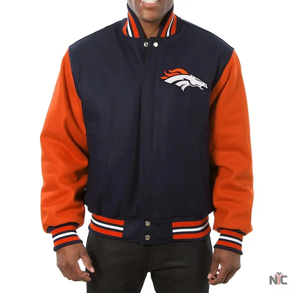 Denver Broncos Blue and Orange Varsity Orange Wool Jacket NYC Jackets