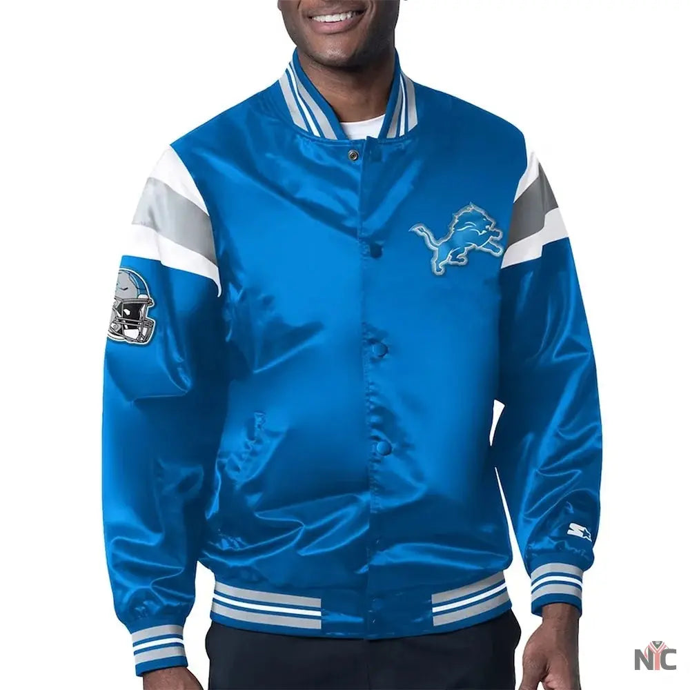 Detroit Lions Midweight Blue Satin Jacket NYC Jackets