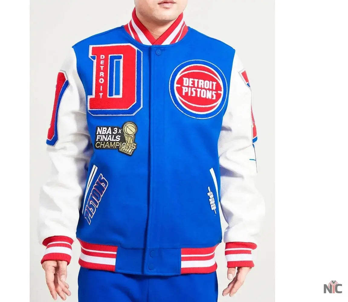 Detroit Pistons Mashup Varsity Royal and White Jacket NYC Jackets