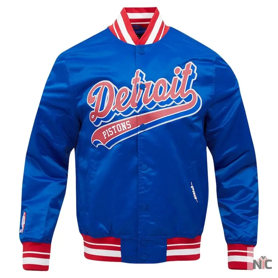 Detroit Pistons Script Tail Blue Satin Varsity Jacket NYC Jackets