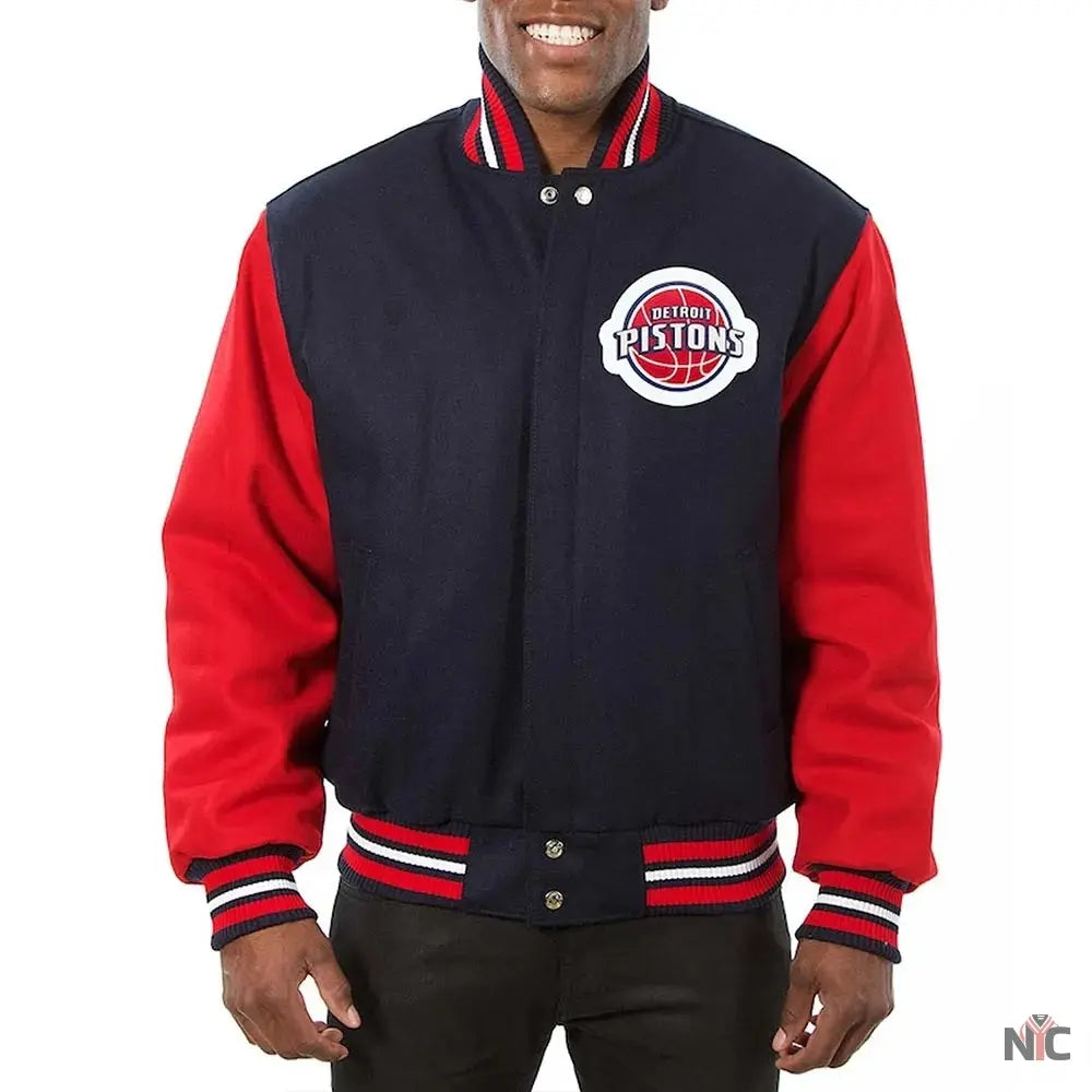 Detroit Pistons Two-Tone Navy/Red Varsity Wool Jacket NYC Jackets