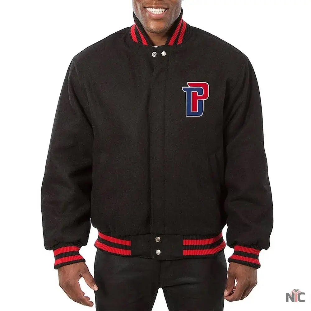 Detroit Pistons Varsity Black Wool Jacket. NYC Jackets