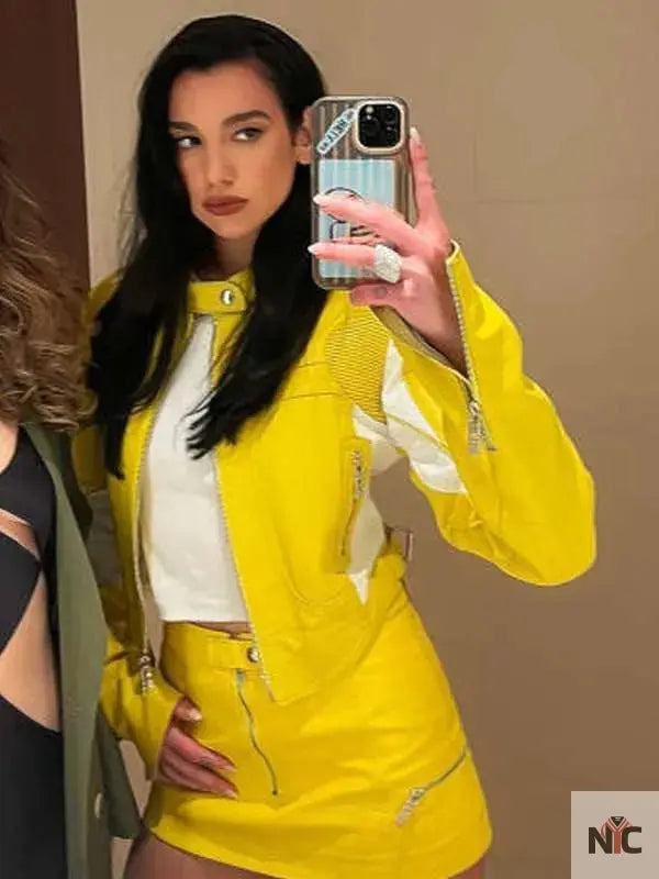 Dua Lipa Spongebob Yellow Leather Jacket NYC Jackets