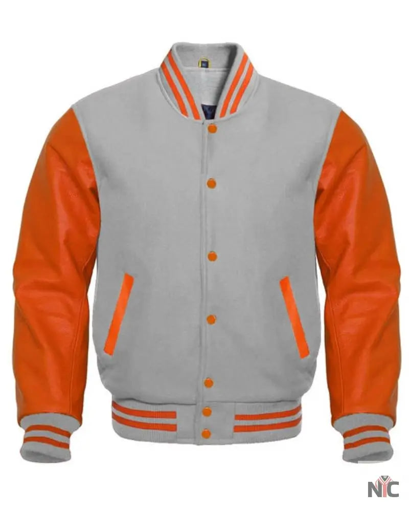 Faux Gray And Orange Varsity Jacket NYC Jackets