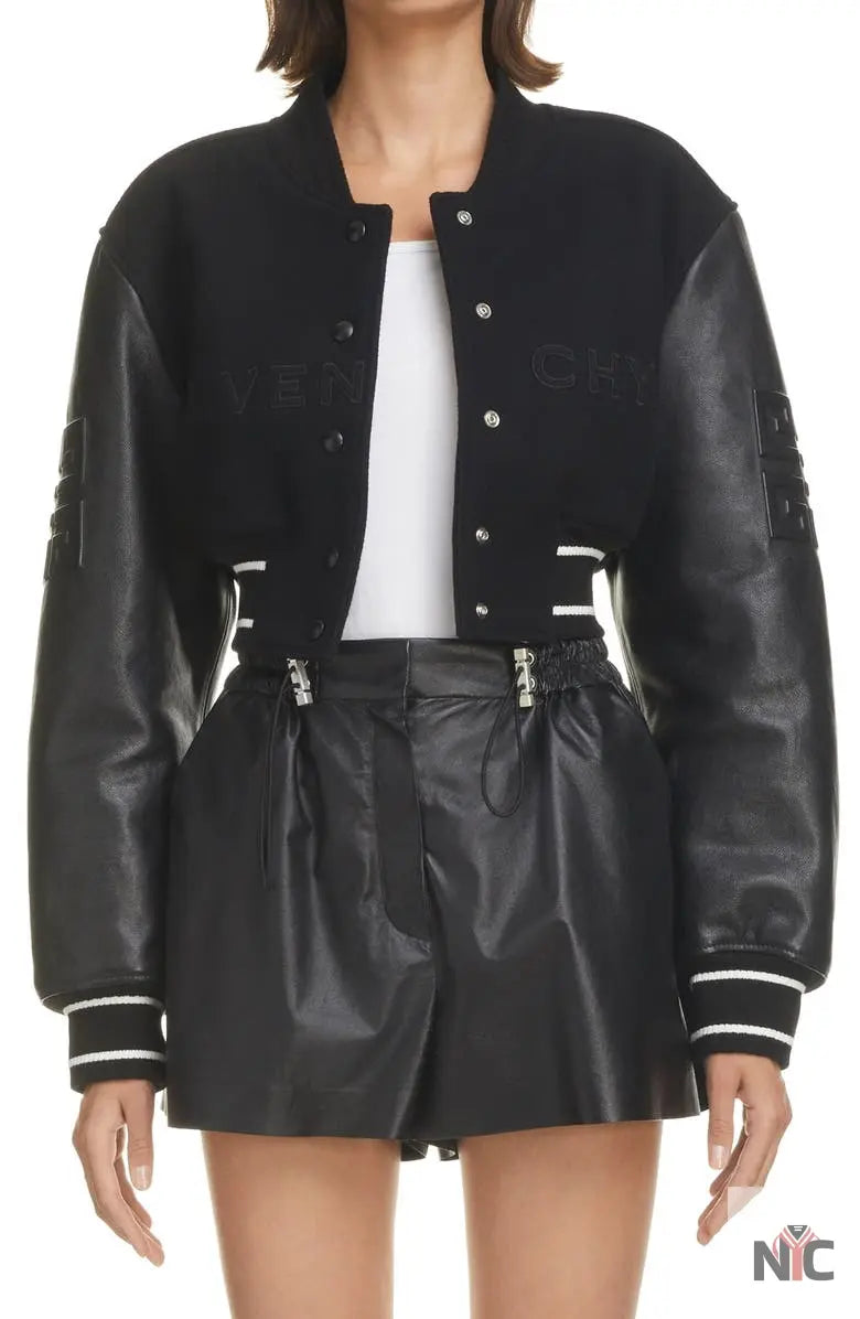 Givenchy Black Leather Sleeve Logo Crop Varsity Jacket NYC Jackets