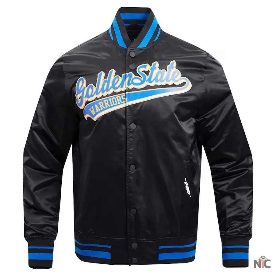 Golden State Warriors Script Tail Satin Varsity Jacket NYC Jackets