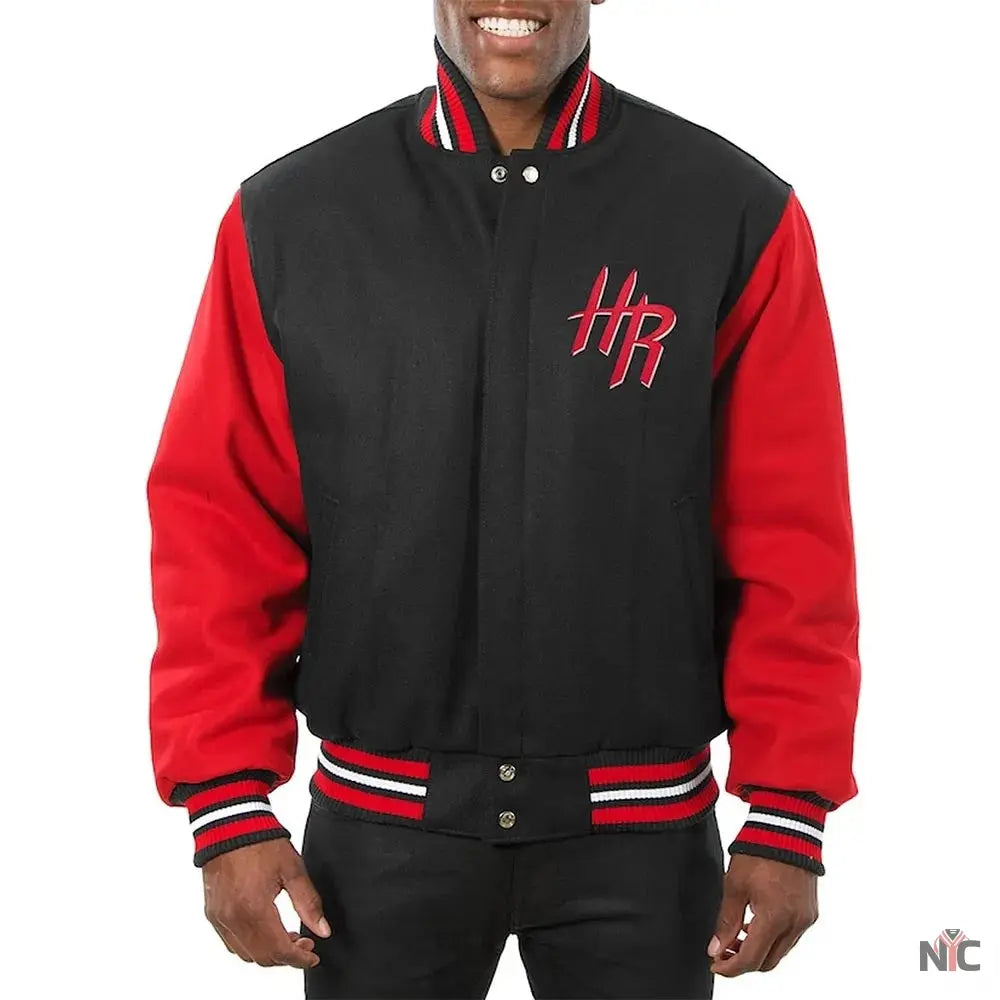 Houston Rockets Black and Red Varsity Wool Jacket. NYC Jackets