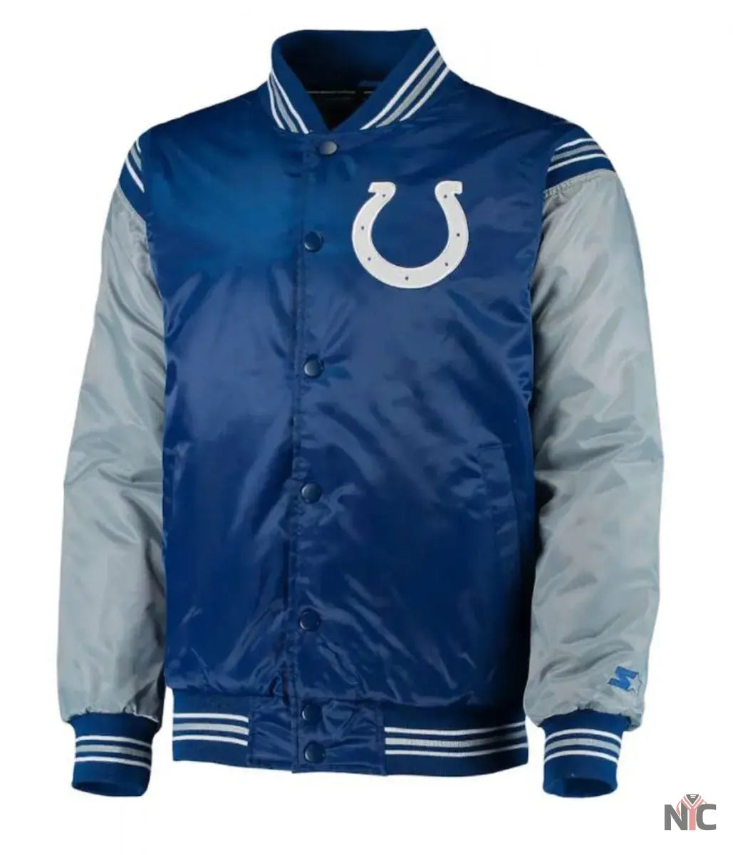 Indianapolis Colts Starter Satin Grey and Blue Jacket NYC Jackets