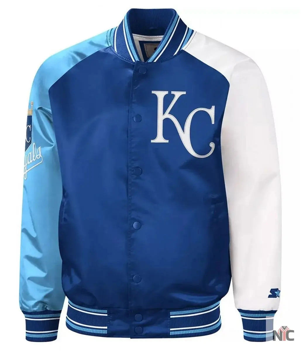 Kansas City Royals Reliever Royal and Varsity Satin Jacket NYC Jackets