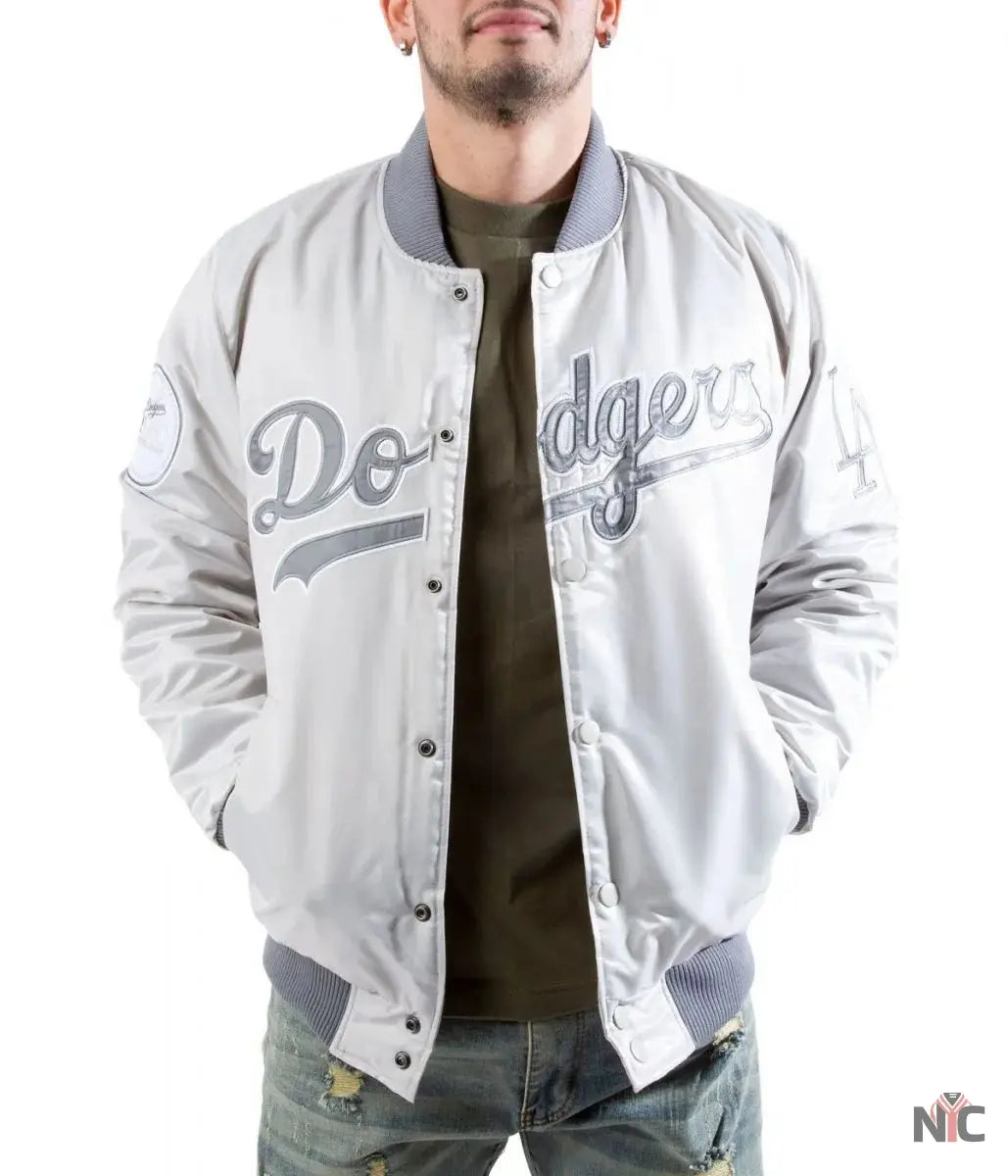 LA Dodgers Silver Satin Jacket NYC Jackets