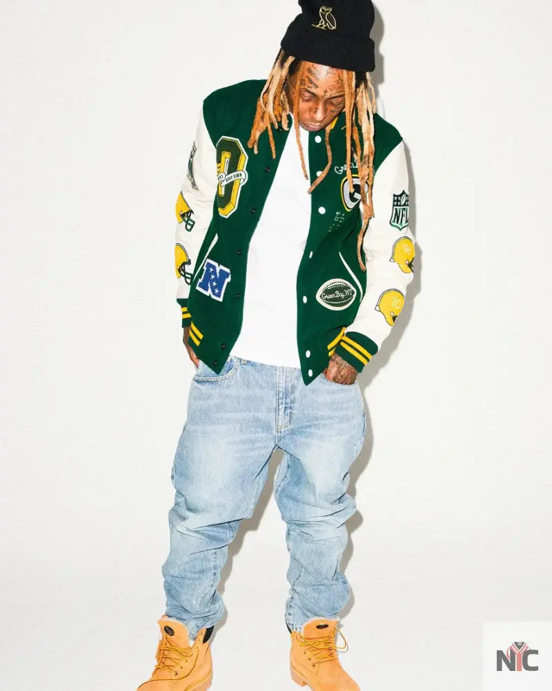 Lil Wayne for OVO x NFL Green Varsity Jacket NYC Jackets