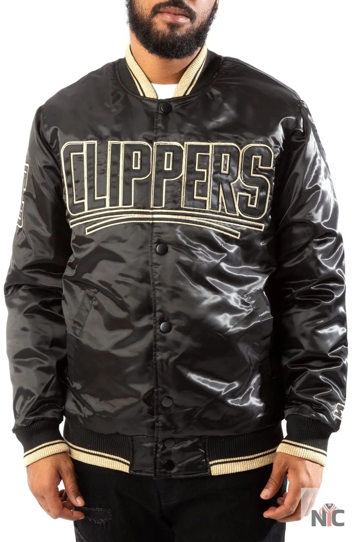 Los Angeles Clippers Black And Gold Satin Bomber Jacket NYC Jackets