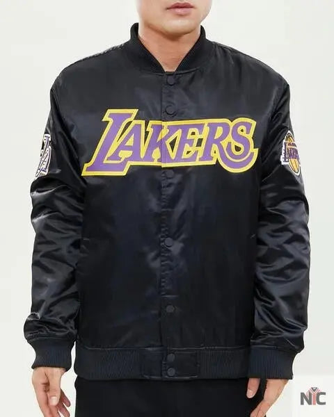 Los Angeles Lakers Wordmark Black Satin Jacket NYC Jackets