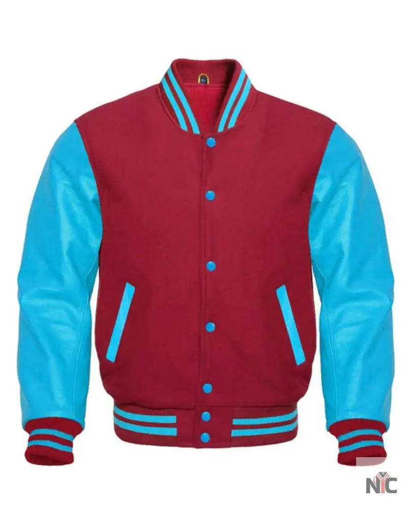 Maroon And Blue Varsity Letterman Jacket NYC Jackets