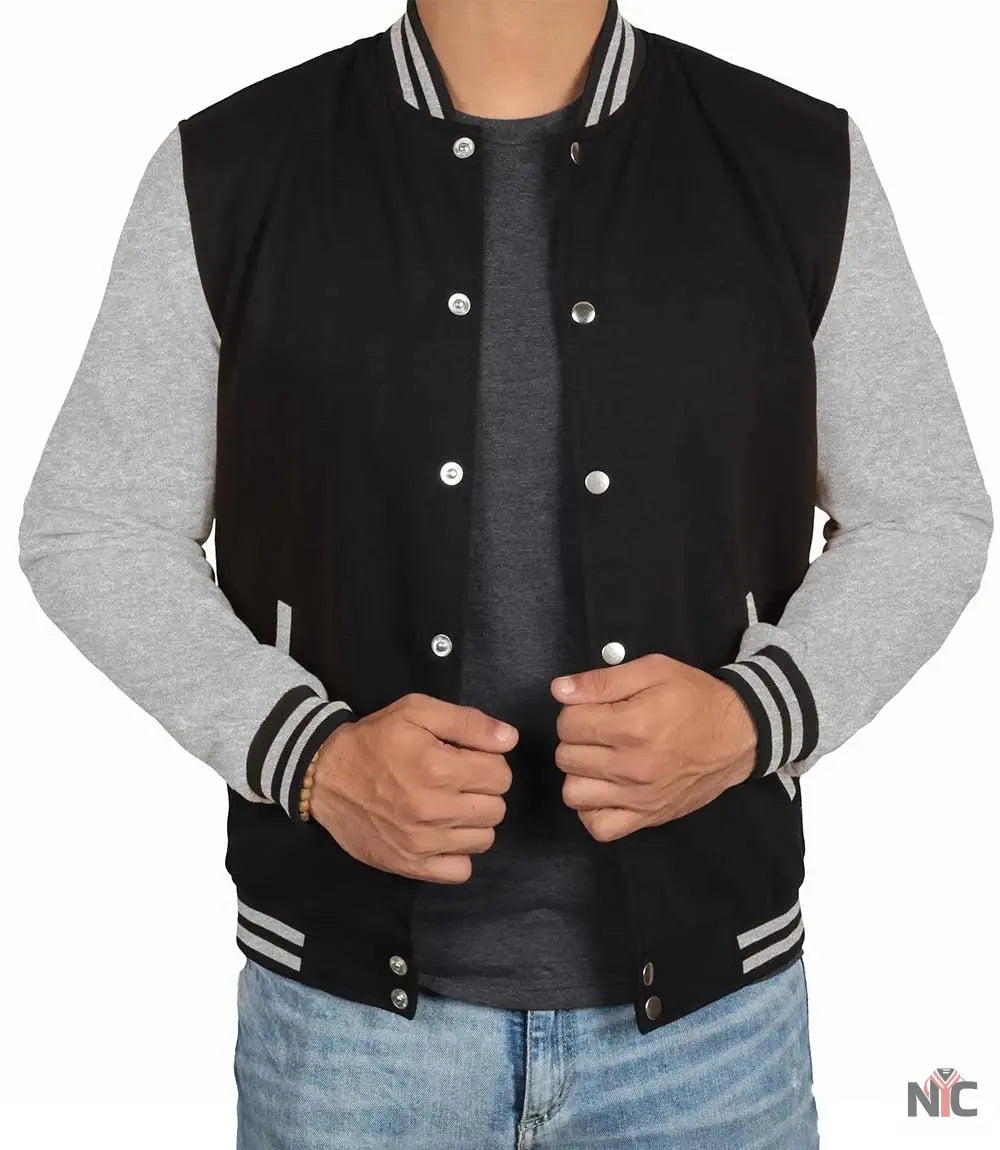 Men's Black and Grey Varsity Bomber Jacket NYC Jackets