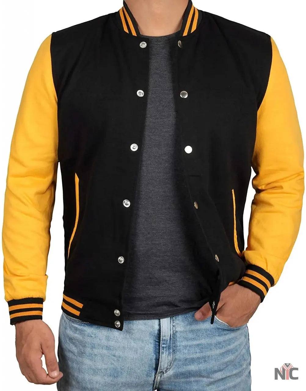 Men's Black and Yellow Varsity Bomber Jacket - Baseball Letterman Style NYC Jackets