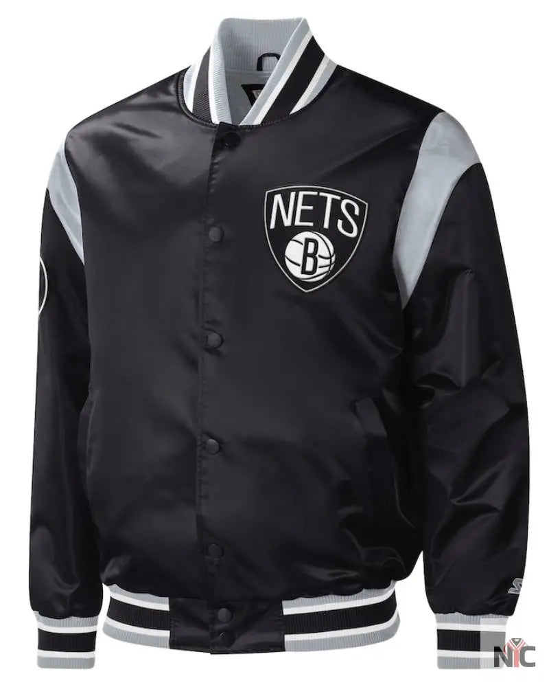 Men’s Brooklyn Nets Starter Black Force Play Satin Full-Snap Varsity Jacket NYC Jackets
