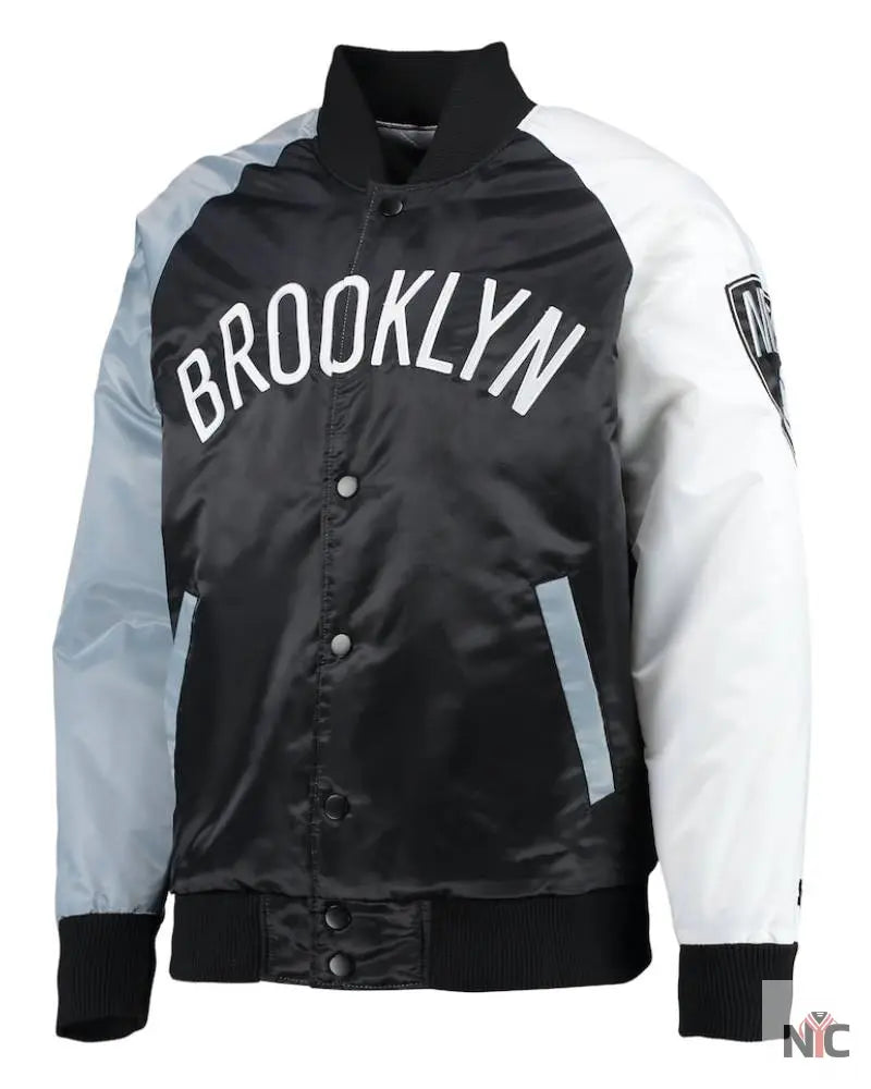 Men’s Brooklyn Nets Starter Black/Gray/White Tricolor Remix Raglan Full-Snap Jacket NYC Jackets