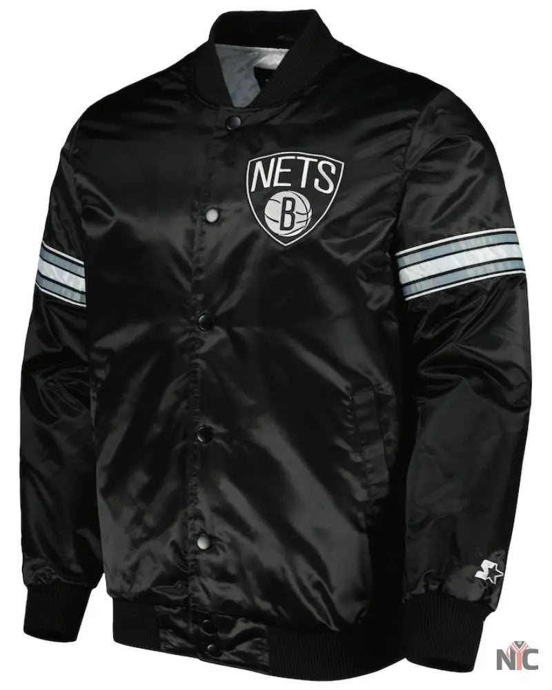 Men’s Brooklyn Nets Starter Black Pick & Roll Satin Full-Snap Varsity Jacket NYC Jackets