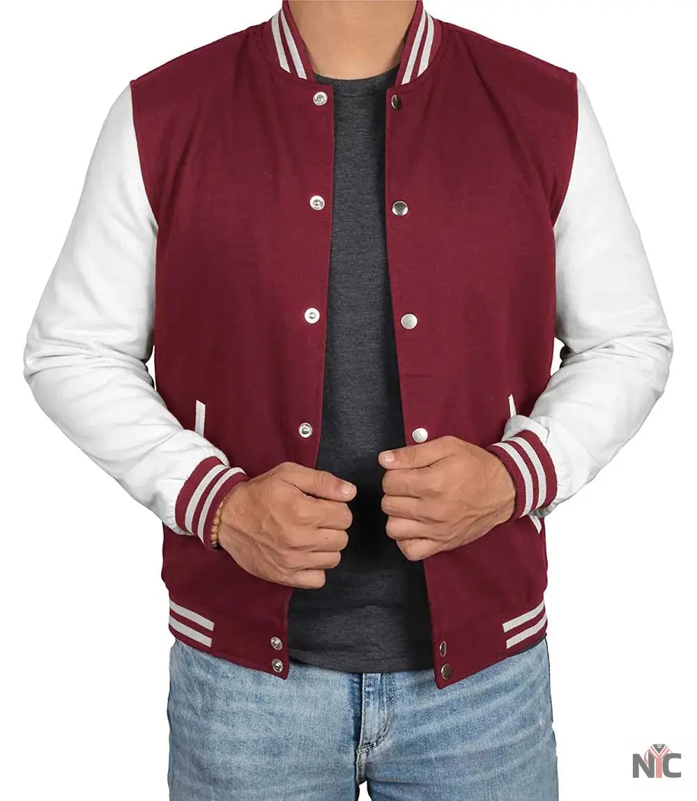 Men's Maroon and White Varsity Jacket - Letterman Bomber Style NYC Jackets