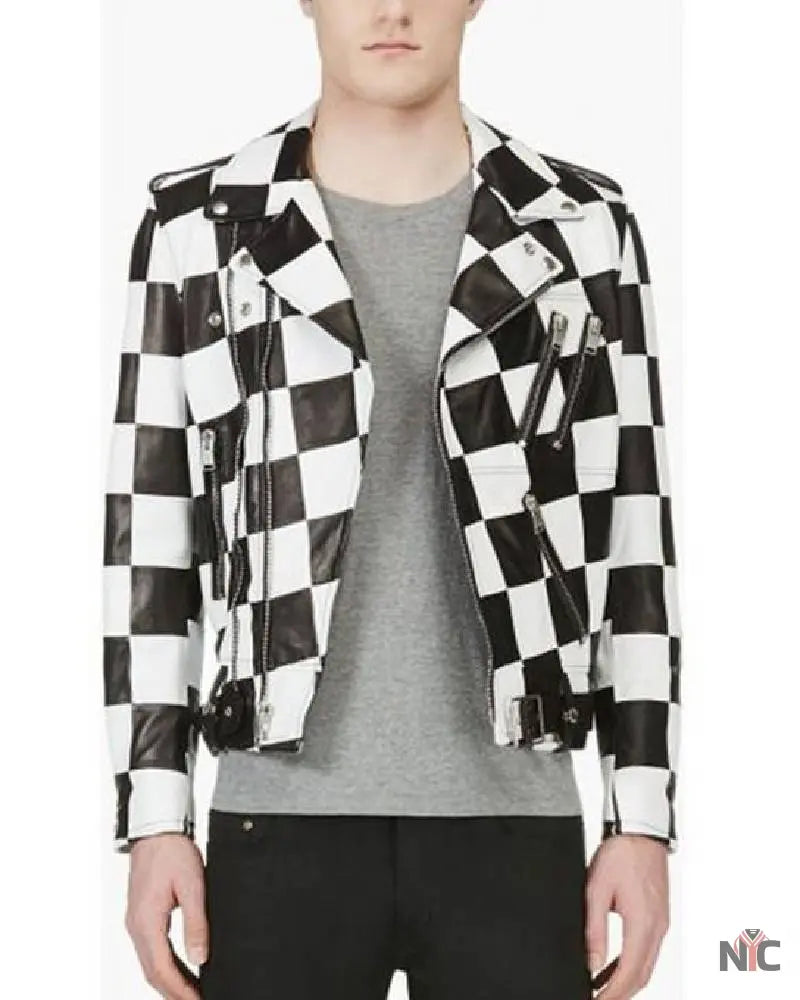 Men’s Motorcycle Checkerboard Leather Jacket NYC Jackets