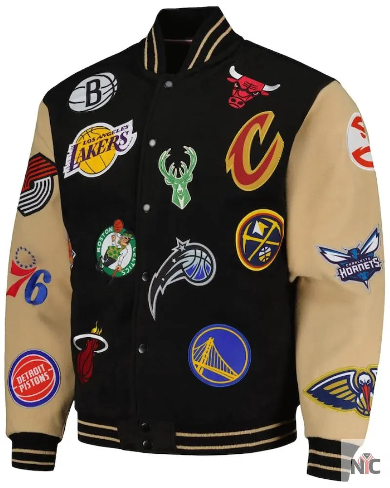 Men’s NBA FISLL Black/Khaki All Logo Aviator Wool Varsity Jacket NYC Jackets