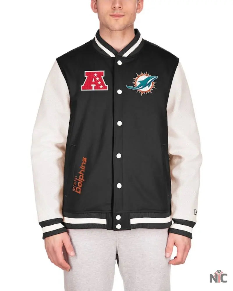 Men’s New Era Black Miami Dolphins Third Down Varsity Full-Snap Jacket NYC Jackets