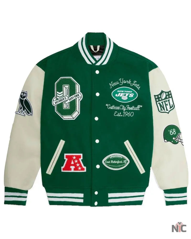 Men’s OVO x NFL Green New York Jets Full-Snap Varsity Jacket NYC Jackets
