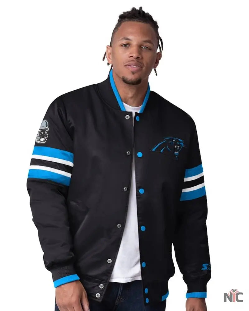 Men’s Starter Black Carolina Panthers Scout Full-Snap Varsity Jacket NYC Jackets