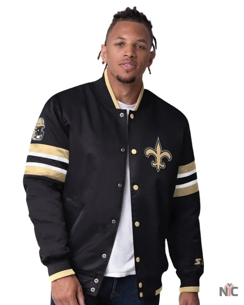 Men’s Starter Black New Orleans Saints Scout Full-Snap Varsity Jacket NYC Jackets
