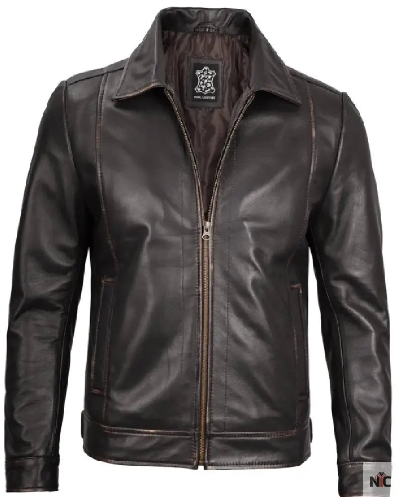Mens Vintage Leather Rub Off Brown Casual Jacket NYC Jackets