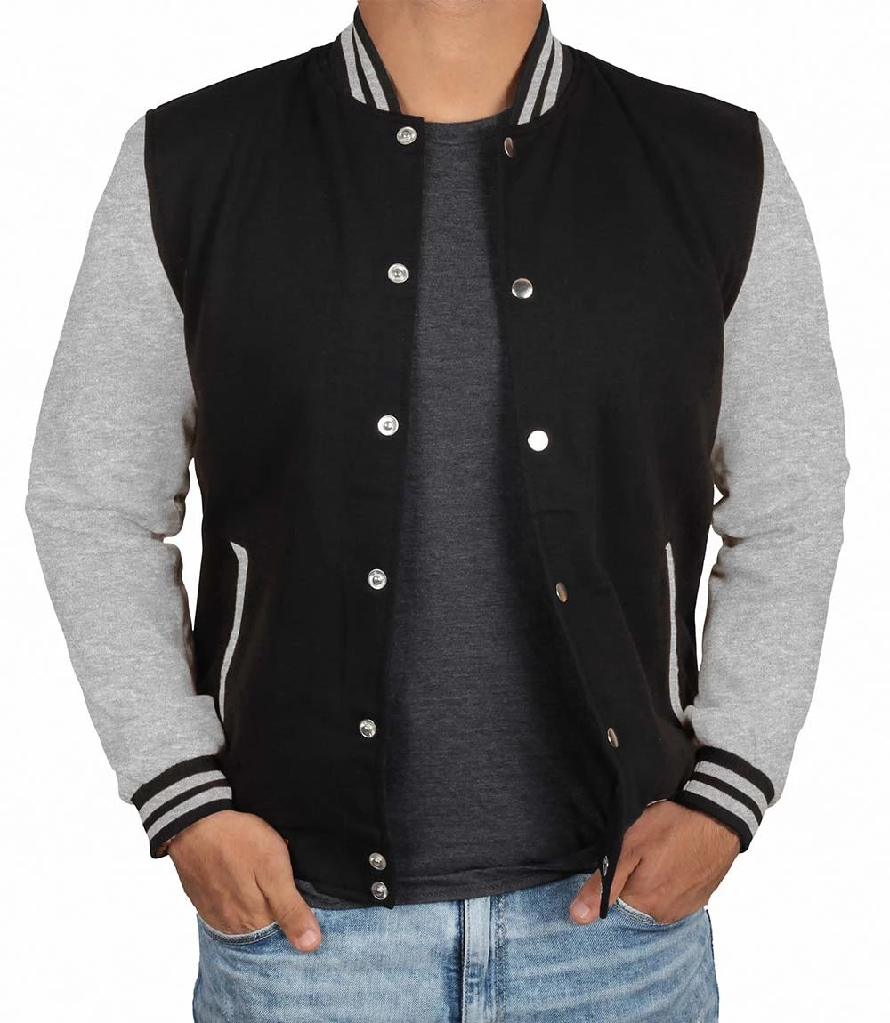 Men's Black and Grey Varsity Bomber Jacket