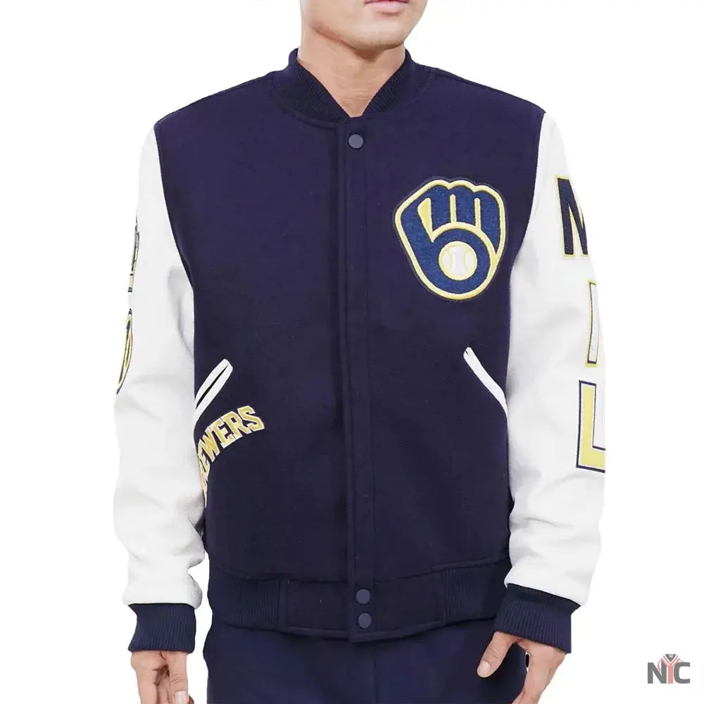 Milwaukee Brewers Blue and White Letterman Jacket NYC Jackets