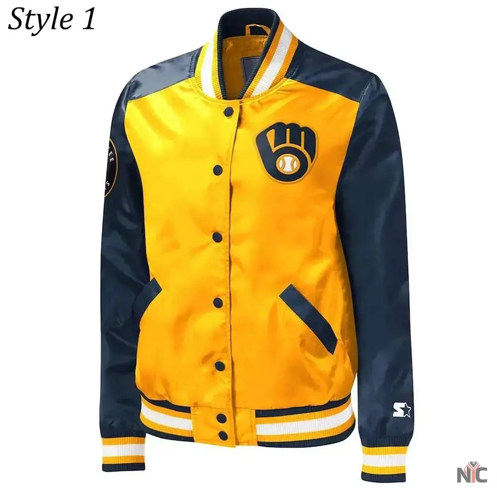 Milwaukee Brewers Gold and Navy Varsity Satin Jacket NYC Jackets