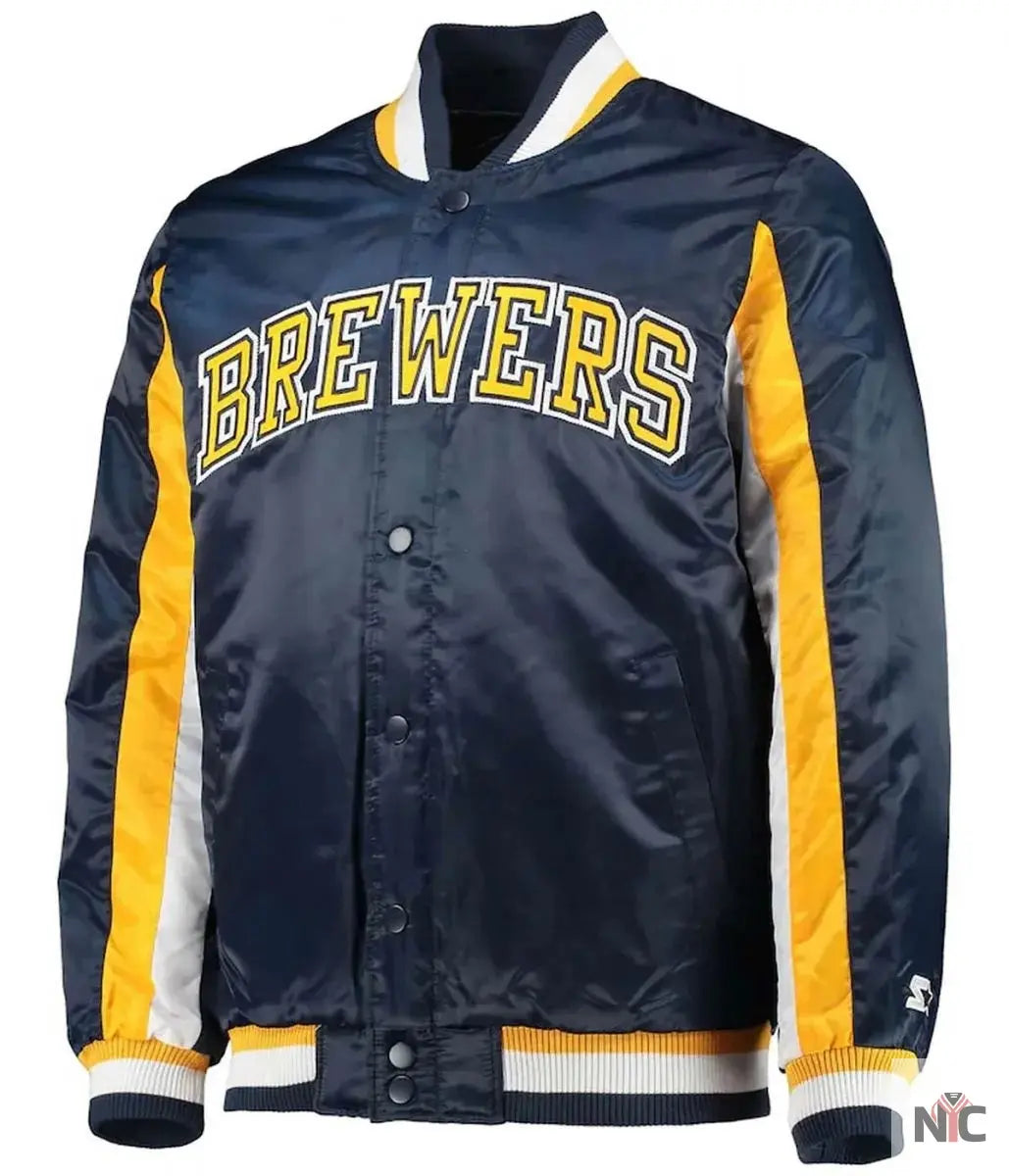 Milwaukee Brewers The Ace Full-Snap Satin Navy Jacket NYC Jackets