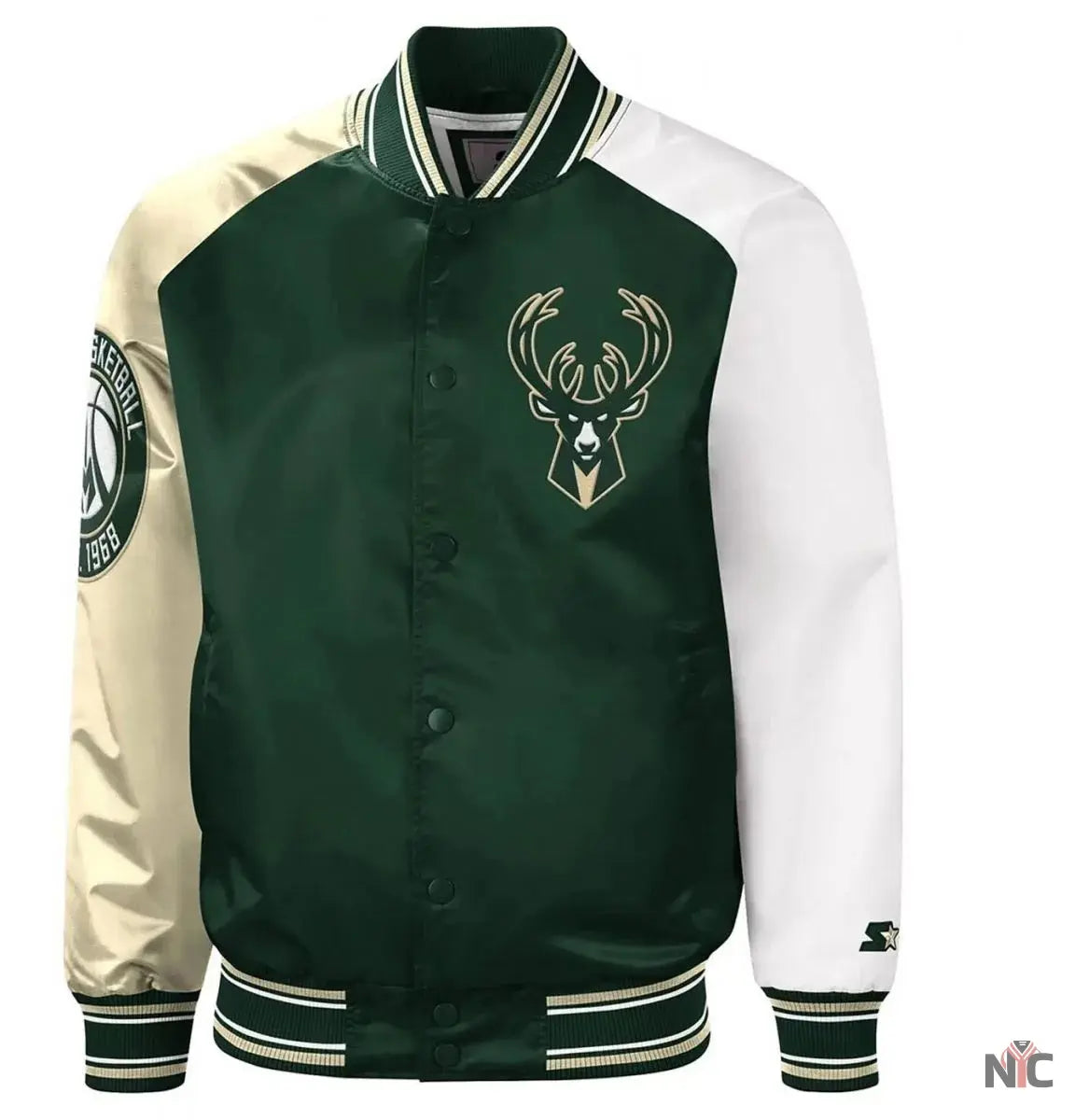 Milwaukee Bucks Hunter Green and Cream Varsity Satin Jacket NYC Jackets