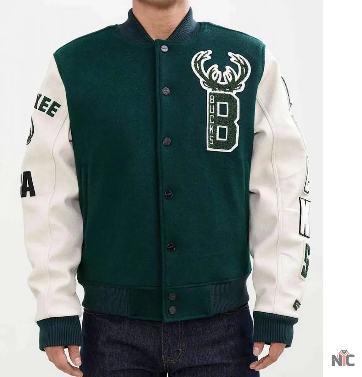 Milwaukee Bucks Letterman Green and White Jacket NYC Jackets