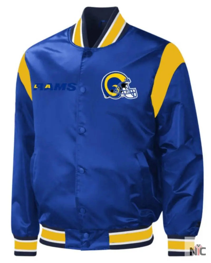 NFL La Rams Carneros Blue And Yellow Satin Jacket NYC Jackets