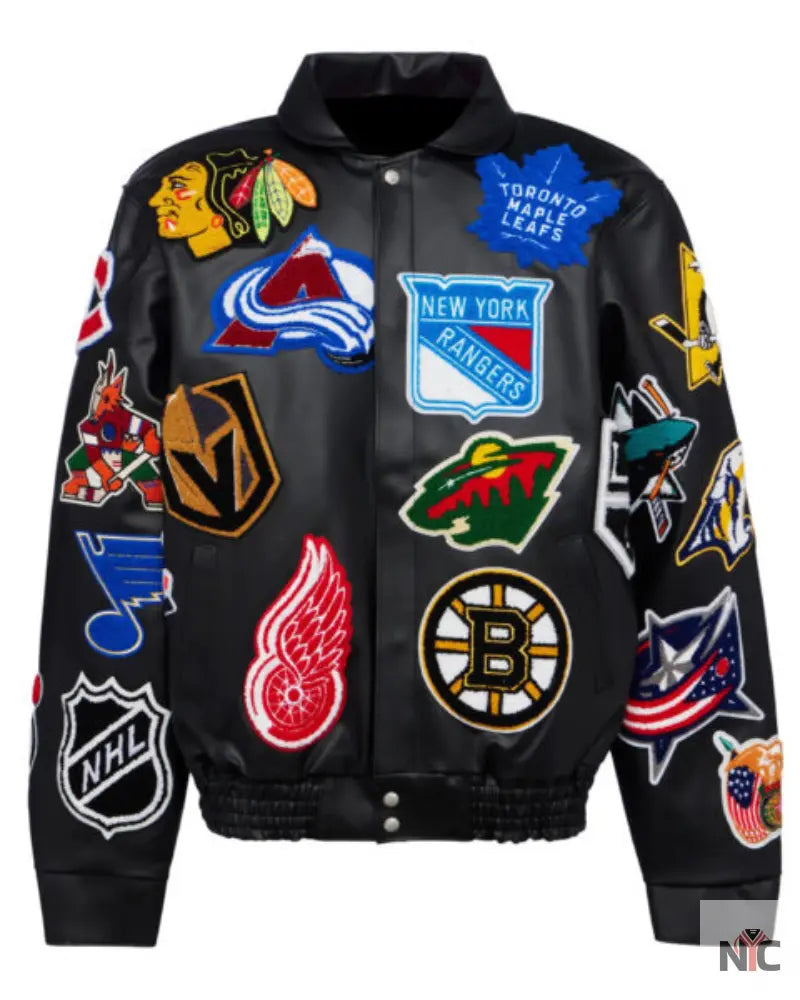NHL Black Collage Jeff Hamilton Leather Jacket NYC Jackets