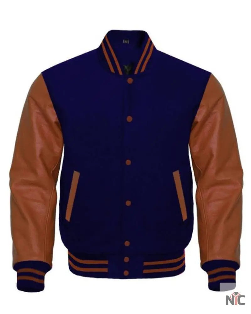 Navy Blue And Brown Varsity Jacket NYC Jackets