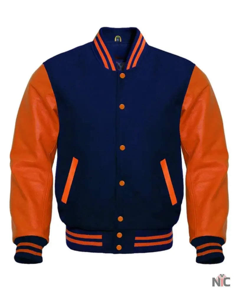 Navy Blue And Orange Varsity Jacket NYC Jackets