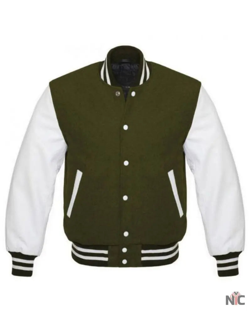 Olive Green And White Varsity Jacket NYC Jackets